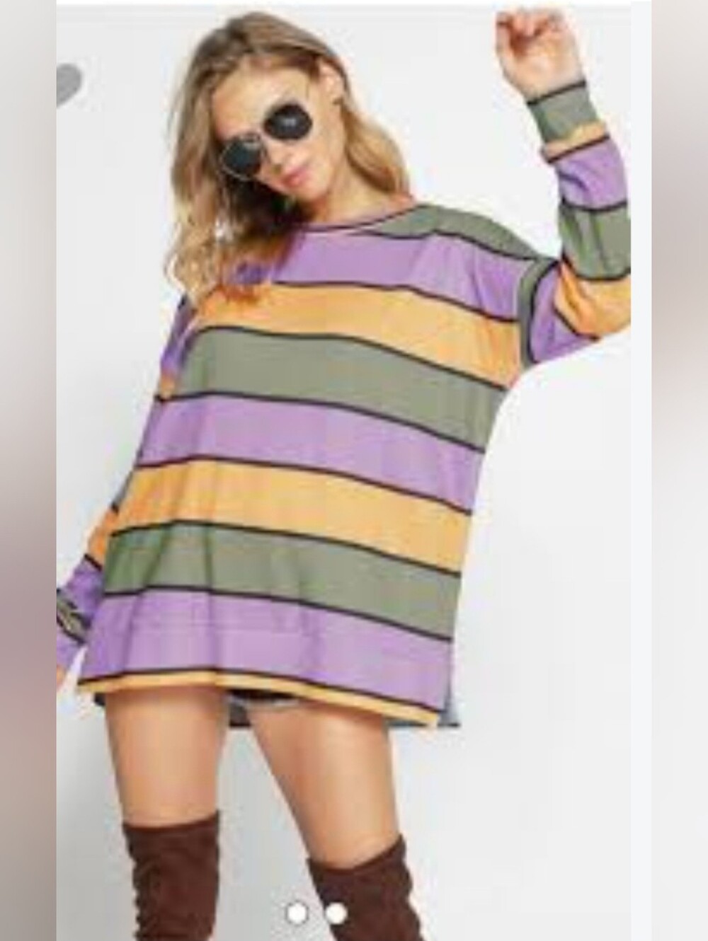 BiBi Mardi Gras Striped Top is an oversized, lightweight long-sleeve knit shirt